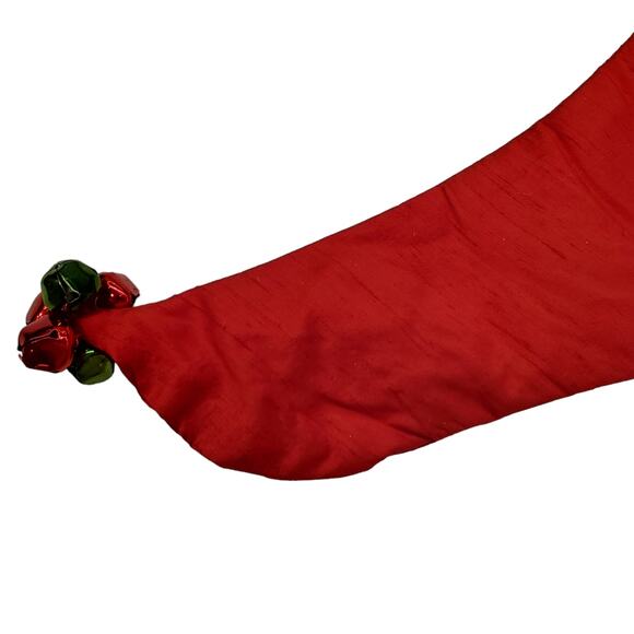 Vintage Silk Christmas Stocking Red Feathered Bell Accents Green Feathers 25" - Picture 10 of 13